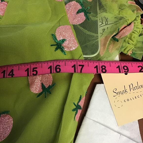 UNIQUE VINTAGE SMAK PARLOUR L green strawberry print mesh glitter dress - Picture 7 of 9